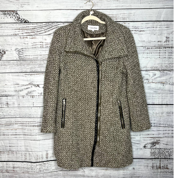 Calvin Klein Wool Blend Coat Large Tweed Moto Jacket Tan - Picture 1 of 4